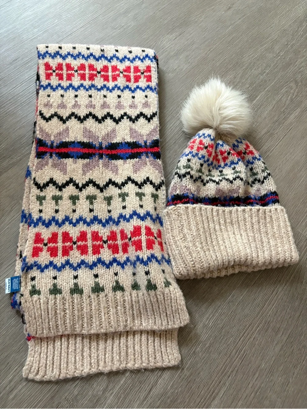 Womens Pom-Pom Beanie and Scarf Set - Beige Fair Isle Knit